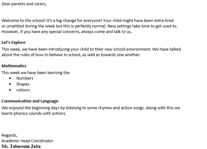 LETTER FOR PARENTS
